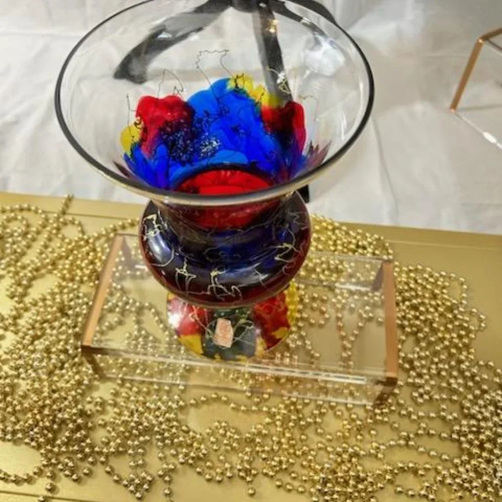 Royal Danube Hand Blown Decorated 10" x 6.5" Glass Vase Red Blue Gold - Romania - Picture 2 of 3